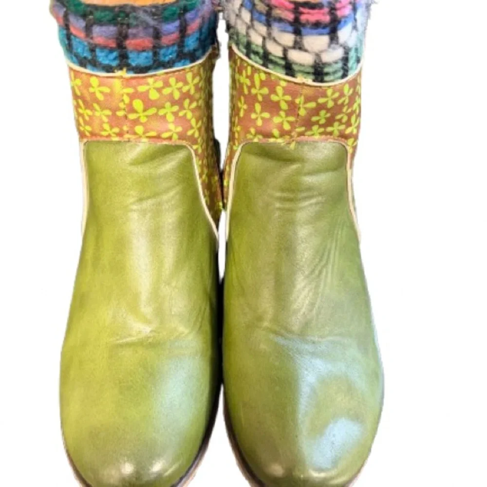 Whimsical Patchwork Boots Leather Wool Colorful Cottagecore Art Boots 8-8.5
